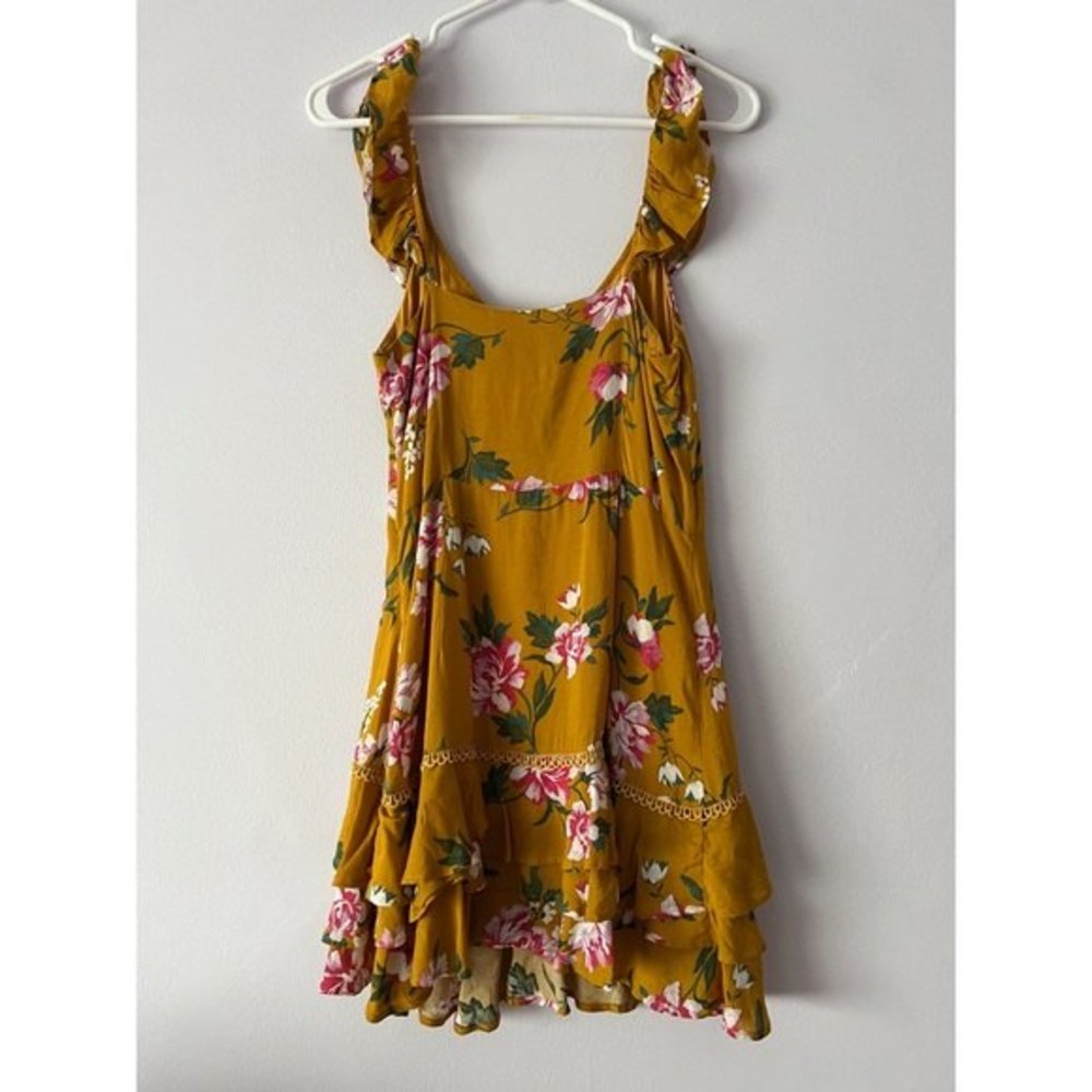NWT MINKPINK Mustard Yellow Floral Ruffled Tiered Mini Dress - Picture 2 of 14
